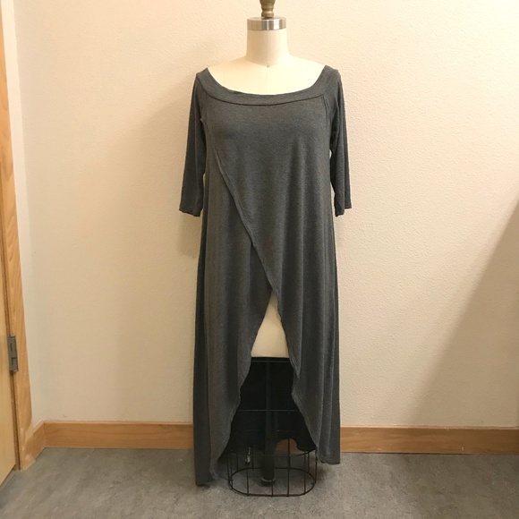 Annabelle Jersey Off The Shoulder Tulip Split Front Tunic In Charcoal Heather - Picture 1 of 9